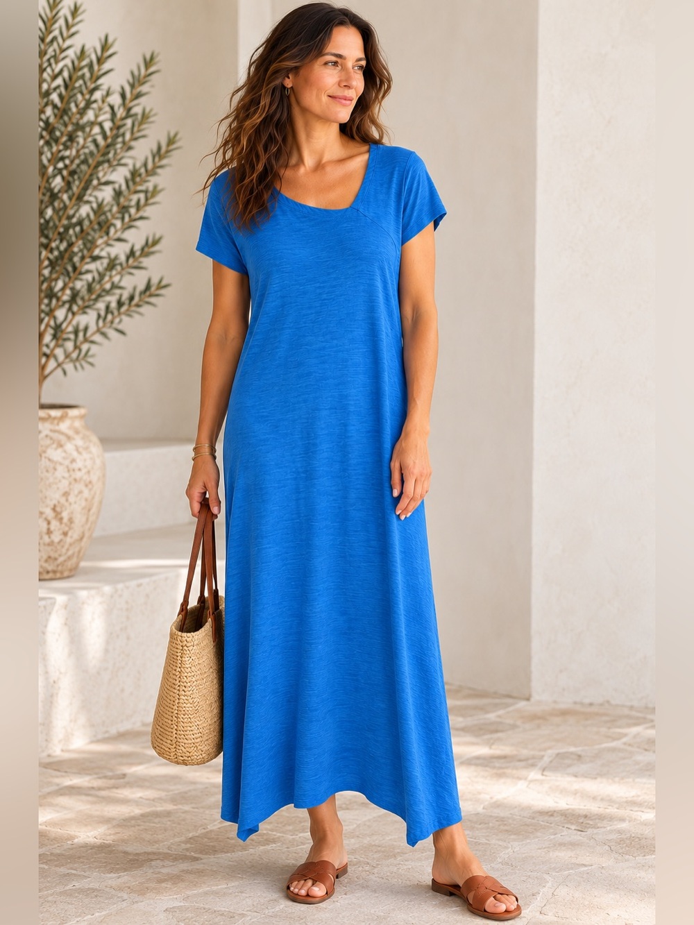 Eileen Fisher Hemp Organic Cotton Asymmetrical Maxi Dress Size L Blue